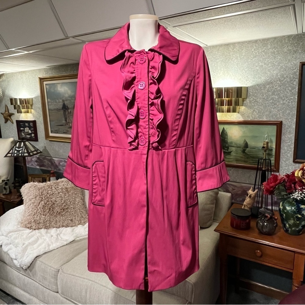 Y2K 90s Speak2Me Women's L Pink Ruffled Trench Coat Barbiecore BARBIE Black Trim